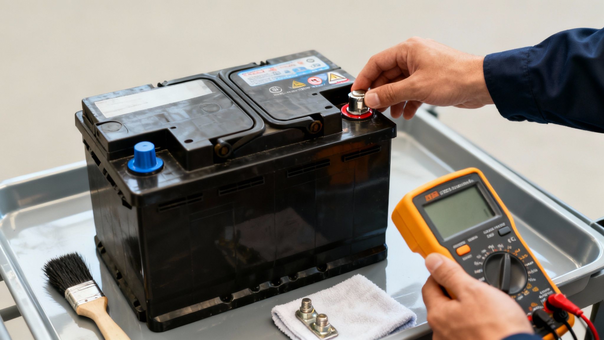 Close-up of a mechanic's hands checking a car battery terminal with a digital multimeter.