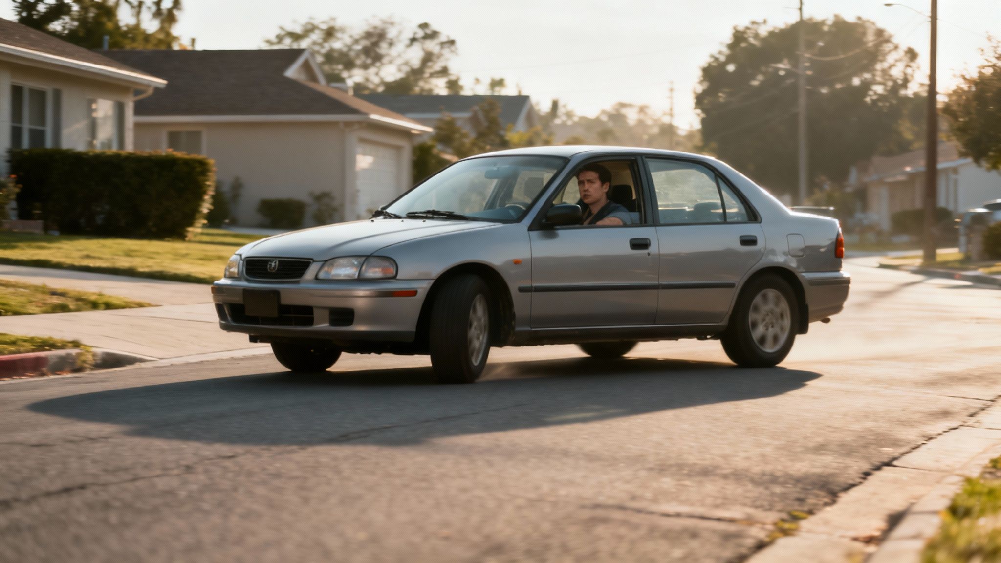 A man drives a silver car down a sunlit suburban street with houses and trees.
