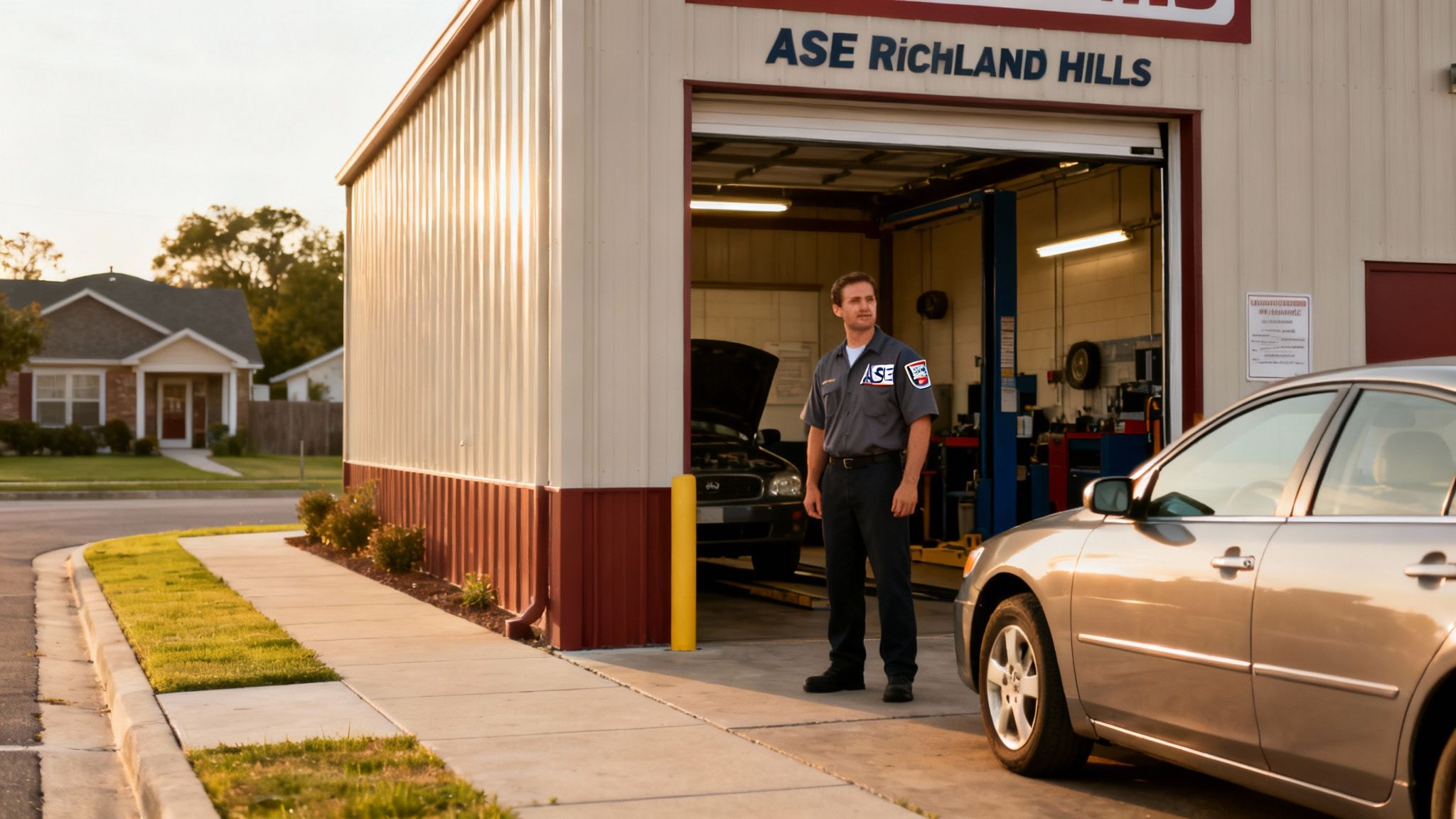 A male mechanic in uniform stands outside an ASE Richland Hills auto repair shop.
