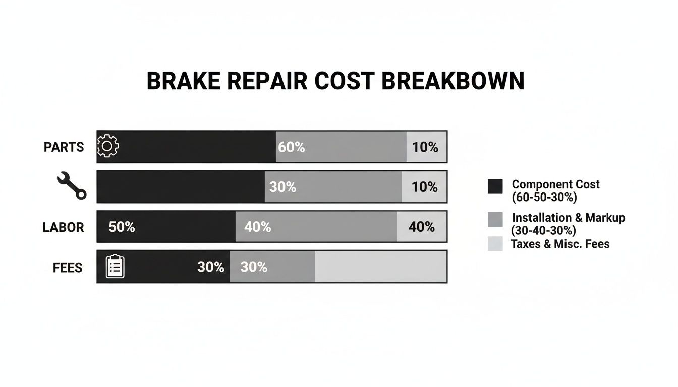 Chart detailing brake repair cost breakdown, showing percentages for parts, labor, and fees by component, installation, and taxes.