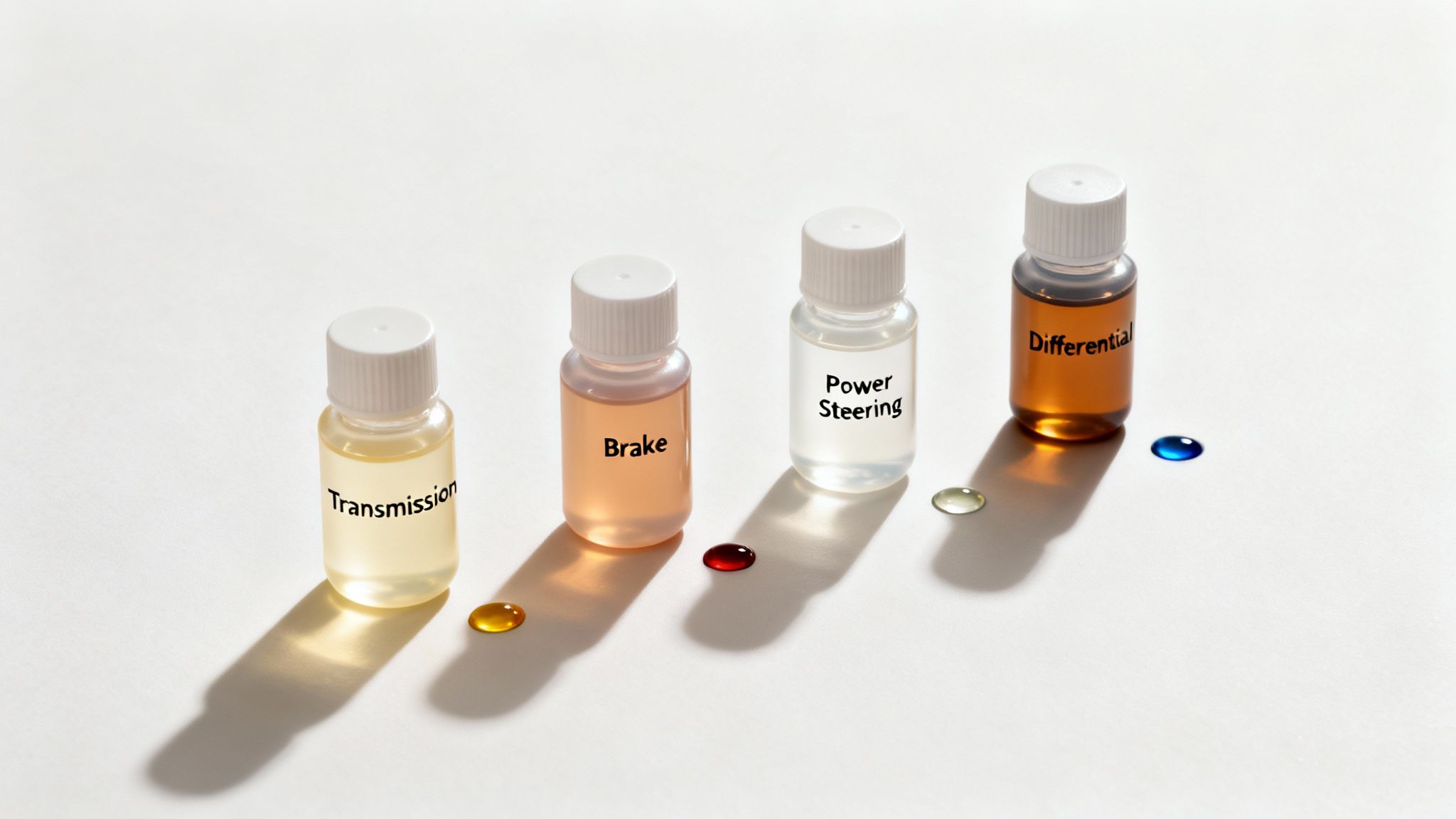 Four labeled bottles showing car fluids: Transmission, Brake, Power Steering, and Differential, with colorful drops.