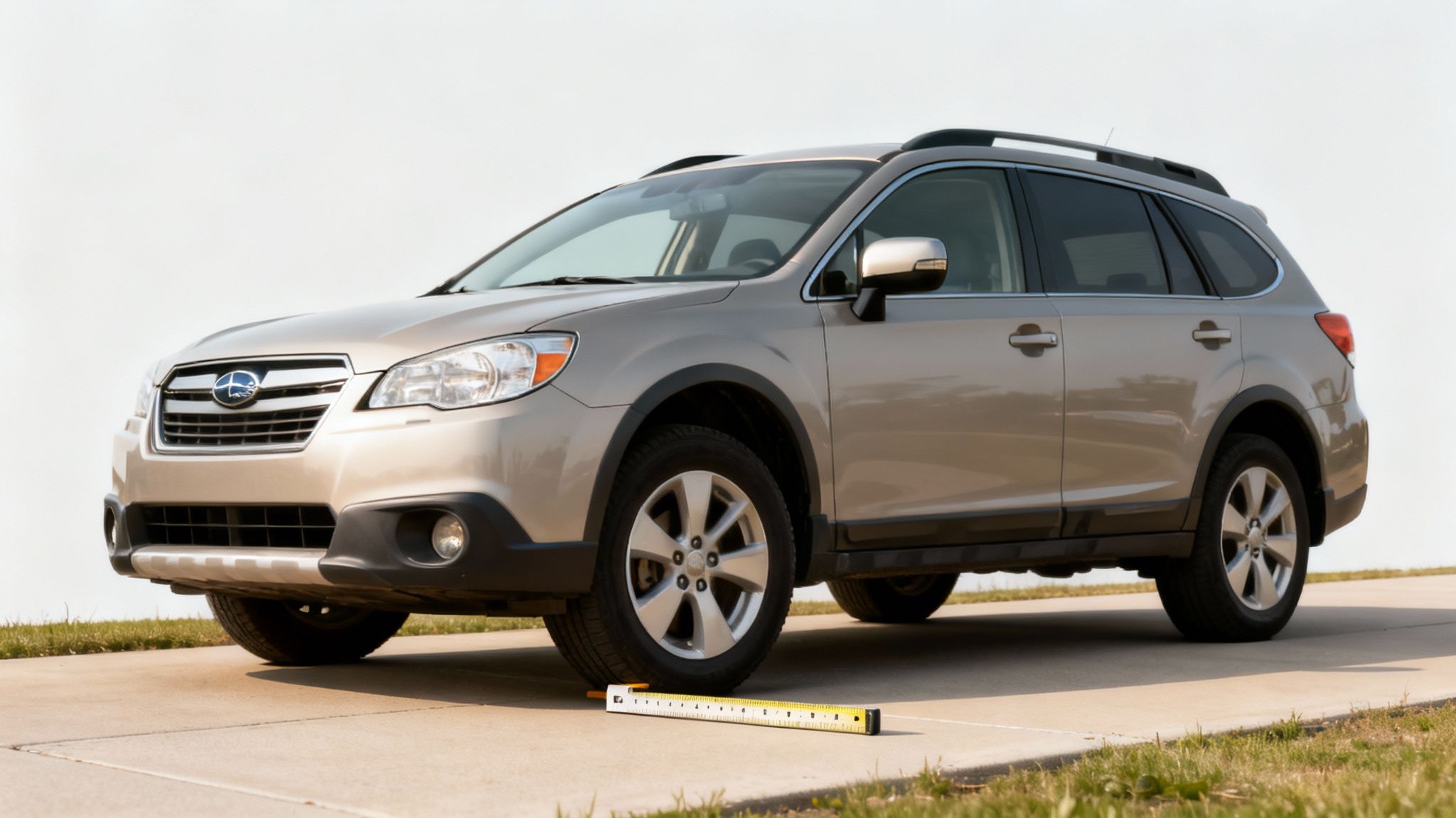 A champagne-colored Subaru Outback is parked on concrete, with a yellow measuring tool on the ground.
