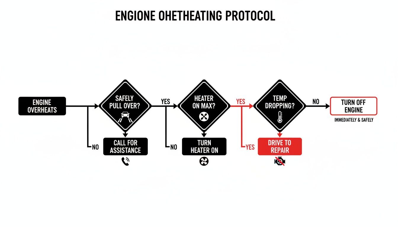 Flowchart illustrating an engine overheating protocol, guiding drivers on steps for safety and repair.