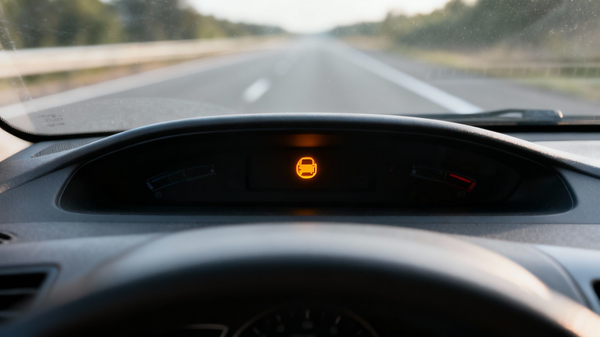 A car's dashboard displaying an orange security warning light with a road visible through the windshield.