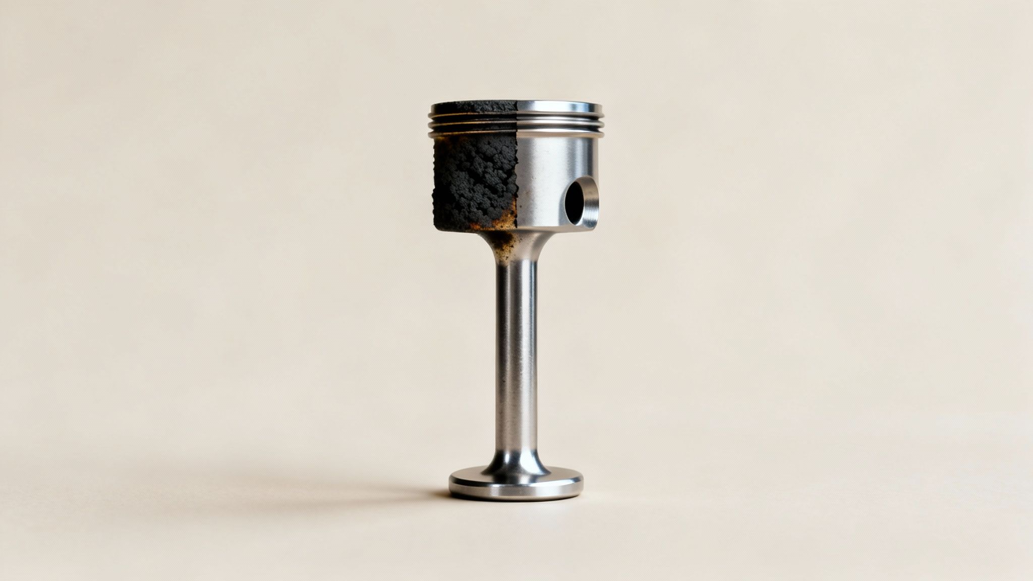 Engine piston and valve, one side clean metal, the other side covered in carbon deposits.