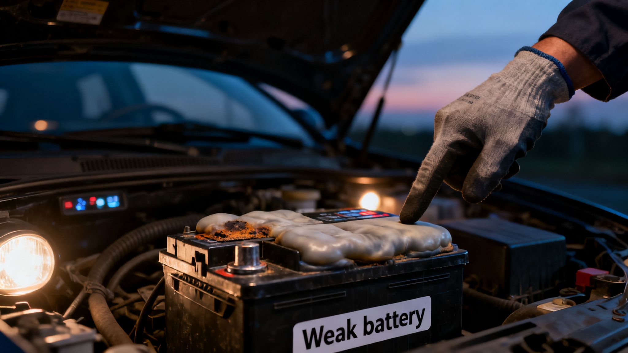 Mechanic points to a weak, corroded car battery in an open hood at dusk.