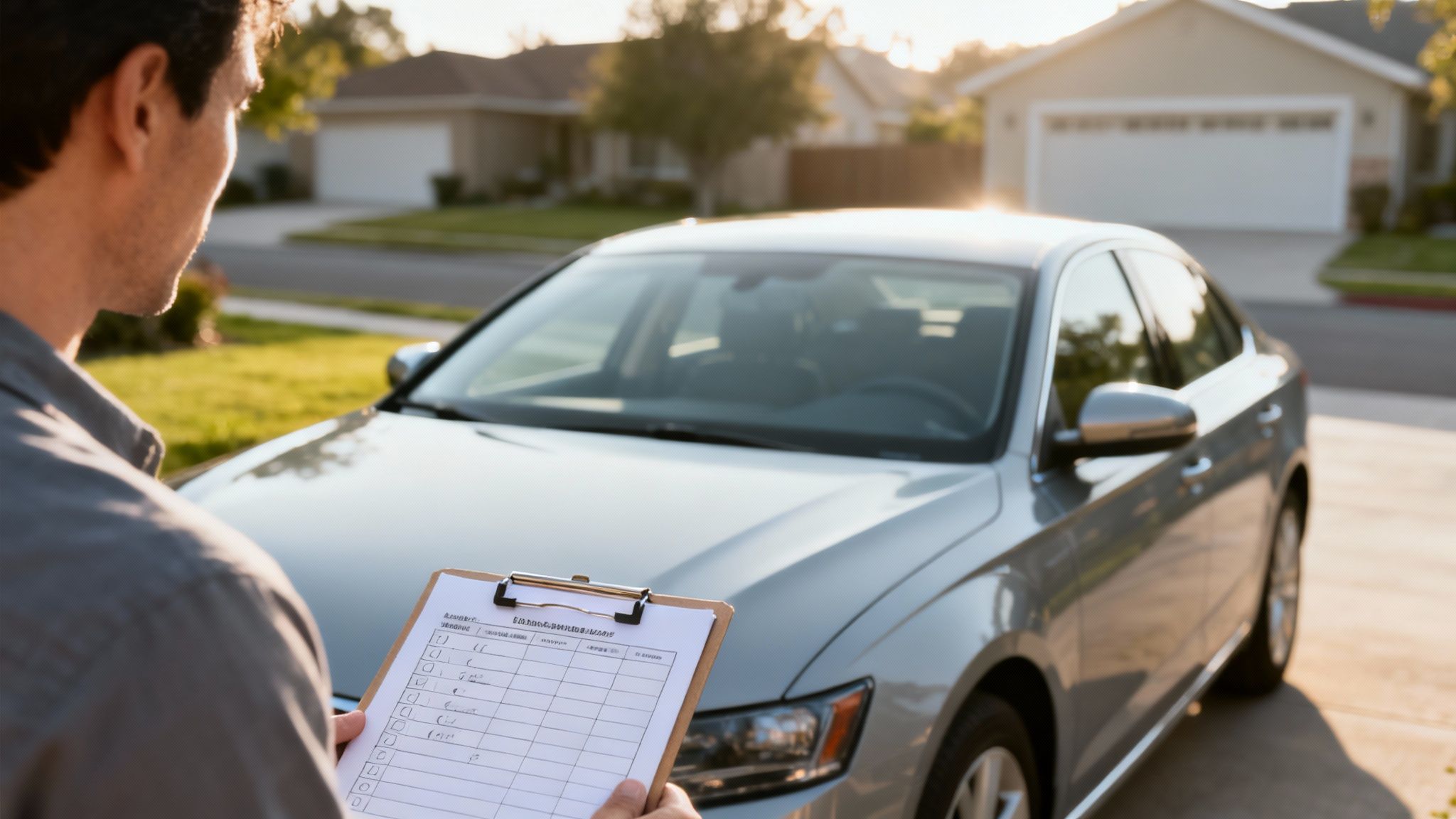 A man reviews a checklist on a clipboard while inspecting a silver car in a suburban driveway.