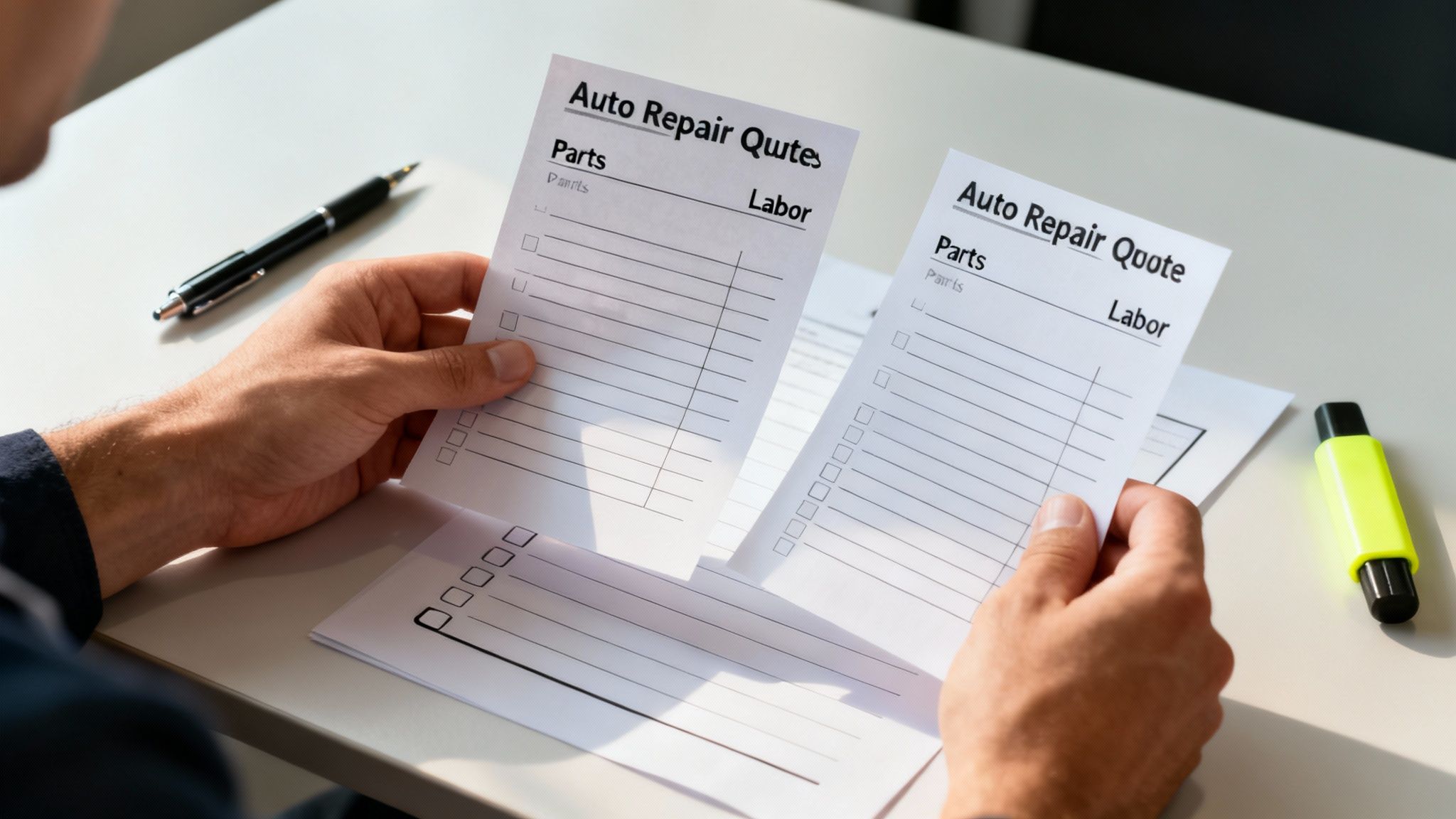 A person compares two auto repair quotes, holding forms listing parts and labor costs.