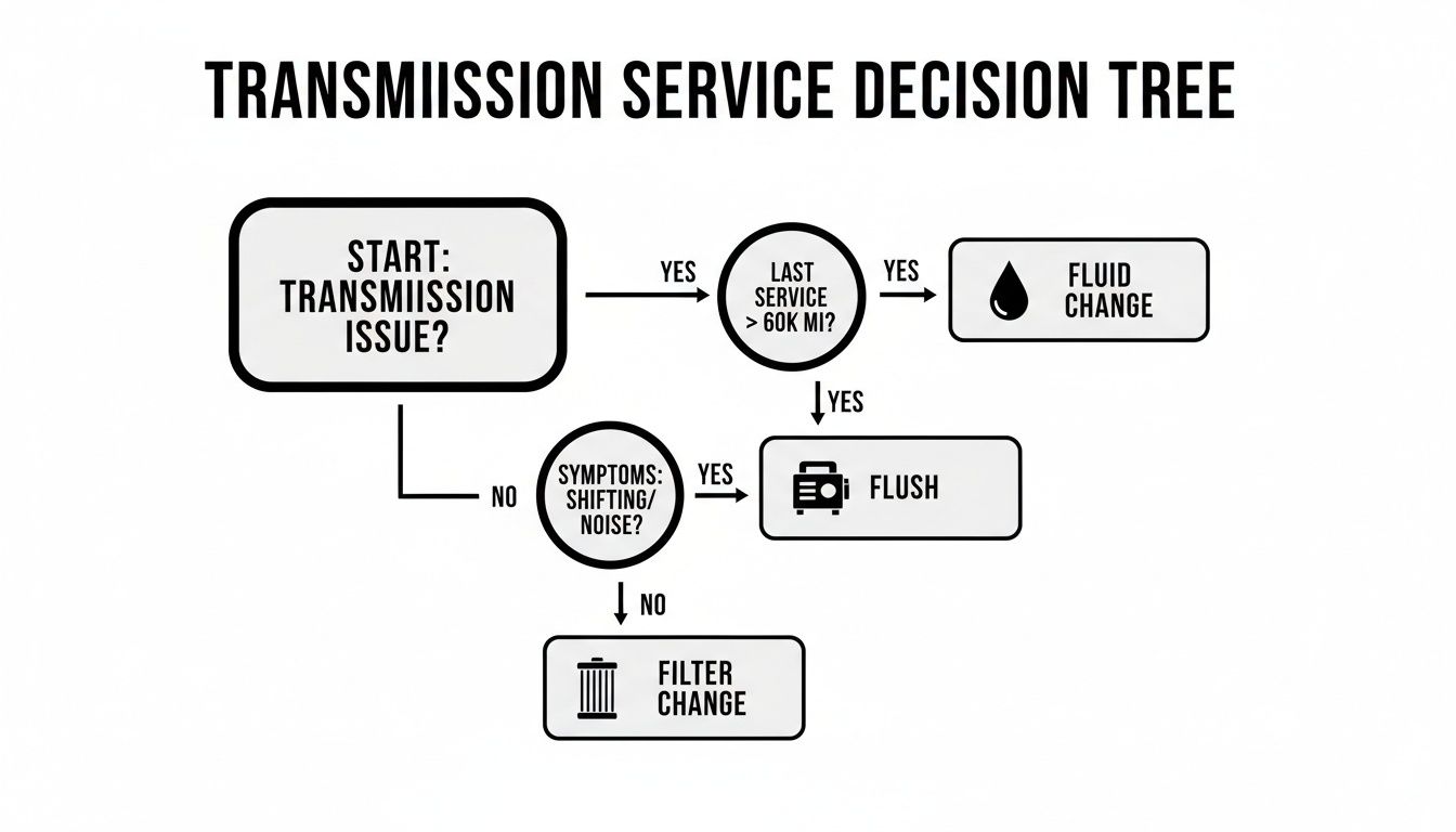 A flowchart titled 'Transmission Service Decision Tree' guiding actions like fluid change, flush, or filter change based on issues and service history.