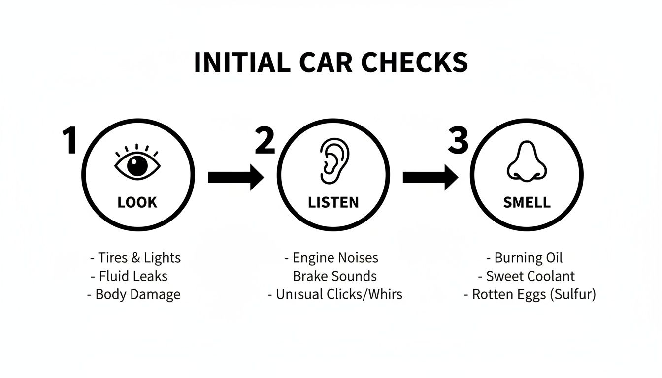 Flowchart illustrating initial car checks using sight, sound, and smell to identify potential issues.