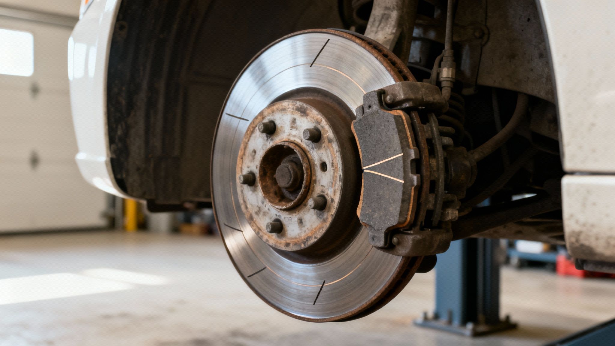 Close-up of a car's front brake rotor and caliper assembly during maintenance in an auto shop.