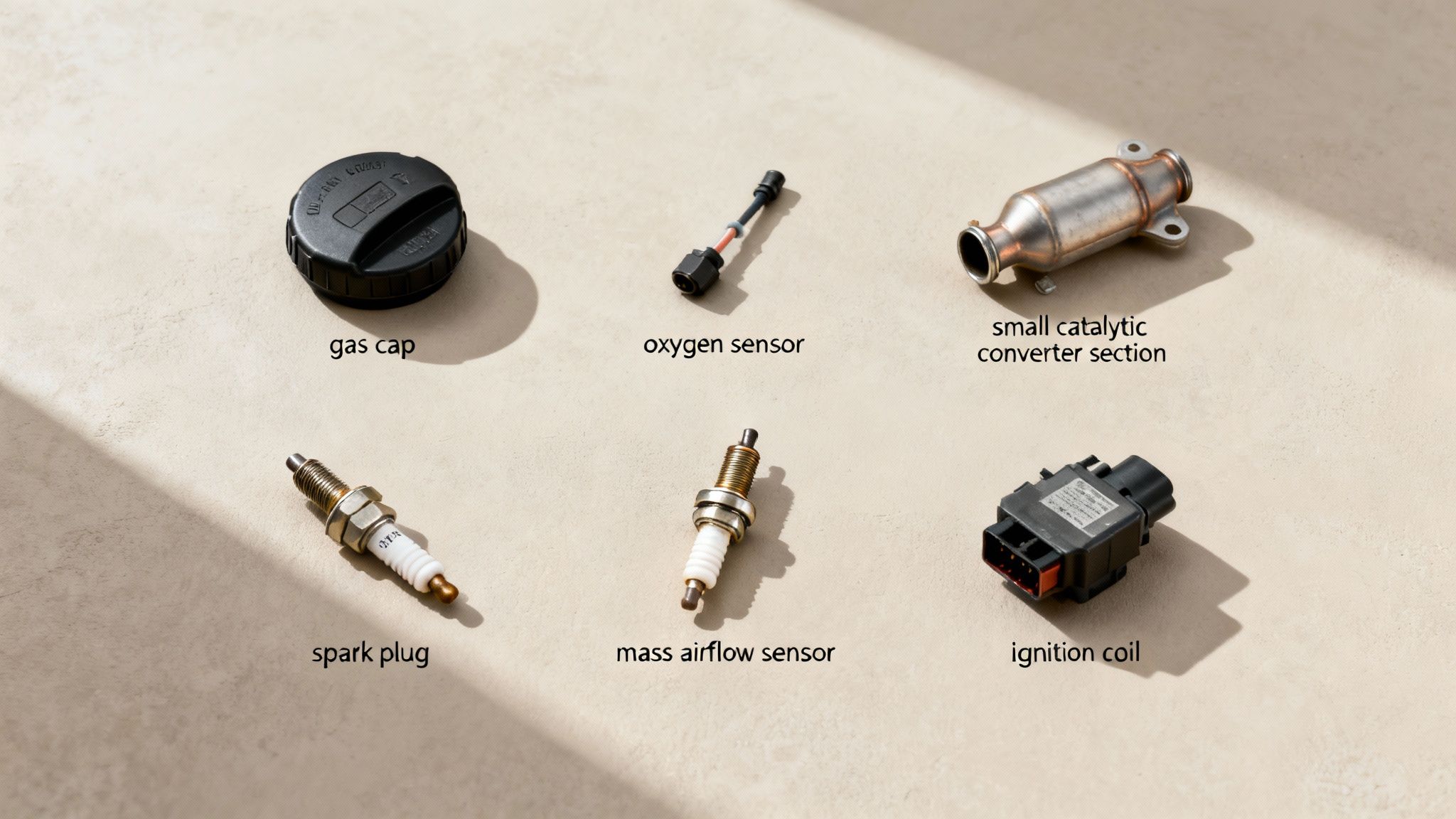A flat lay of common car engine parts, including a gas cap, oxygen sensor, spark plugs, and catalytic converter.
