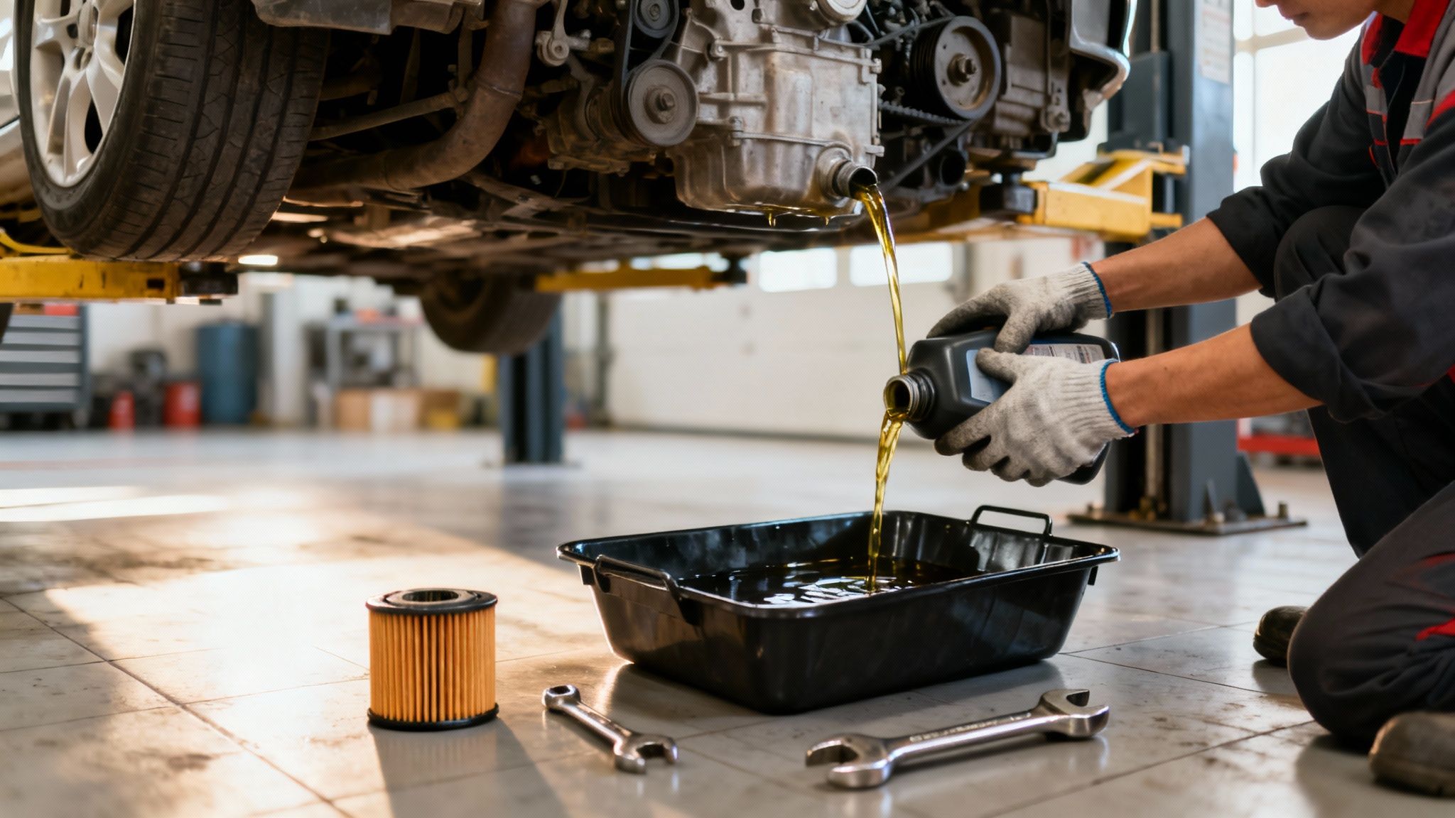 Mechanic changing car engine oil, pouring used oil into a pan. New filter and tools are on the floor.