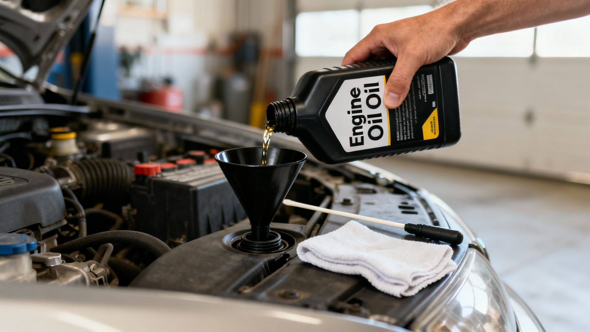Hand pouring fresh engine oil into a car engine through a funnel during a maintenance check.