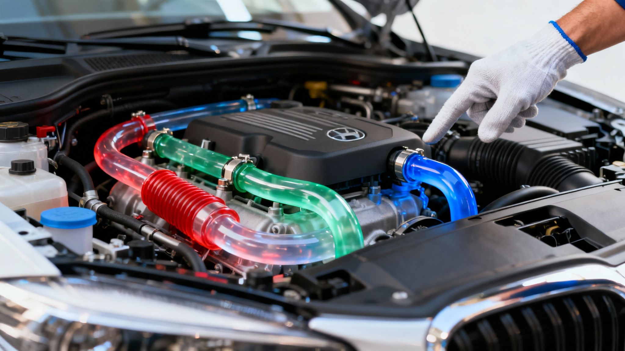 A gloved hand pointing at a blue transparent hose in a car engine bay with colorful fluid lines.