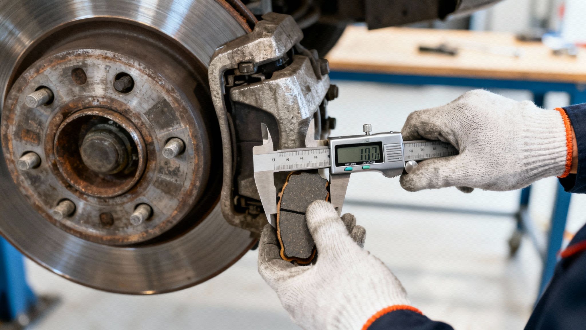 A gloved mechanic measures the thickness of a car's worn brake pad with a digital caliper.