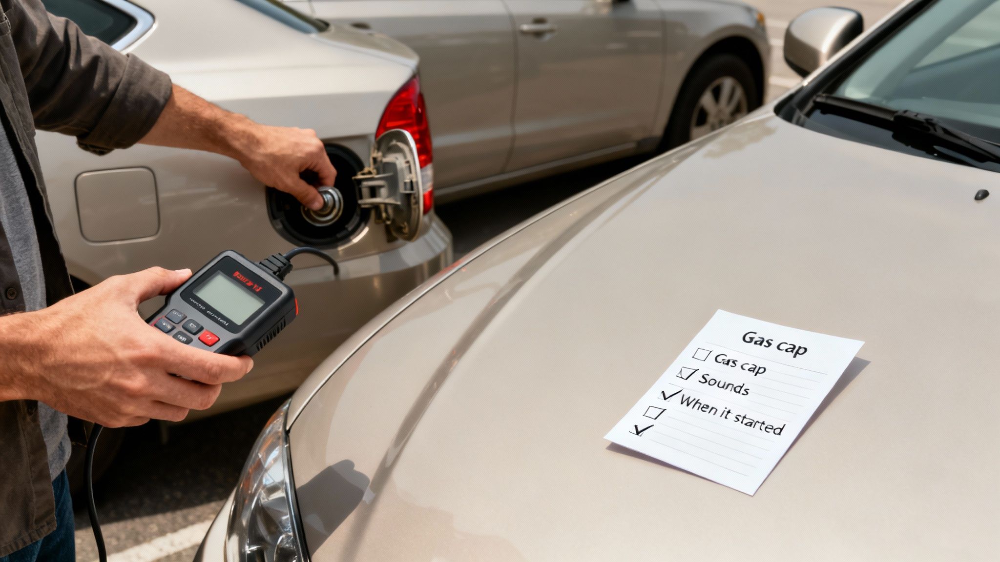 A person checking a car's gas cap with a diagnostic tool and a checklist on the hood.