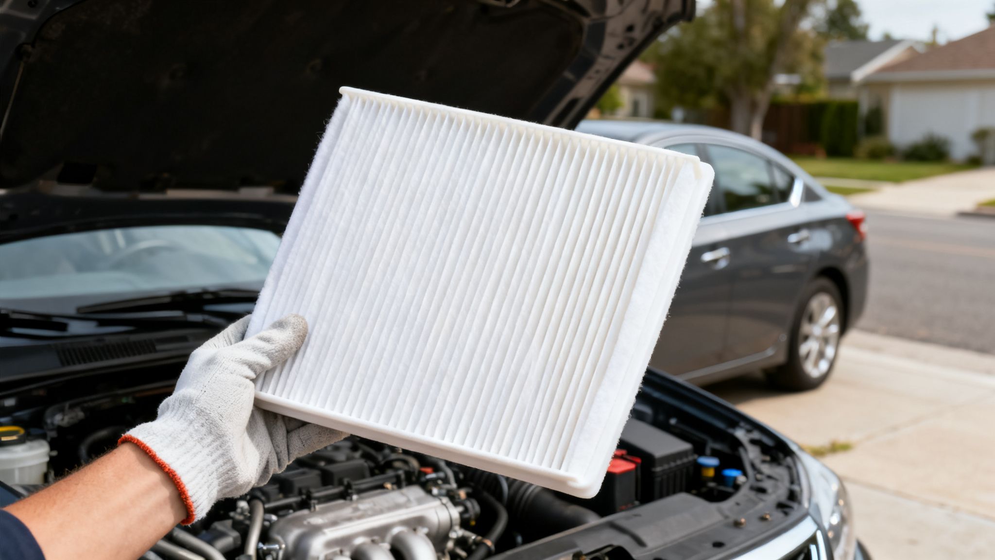 A gloved hand holds a new, clean car air filter above an open engine.