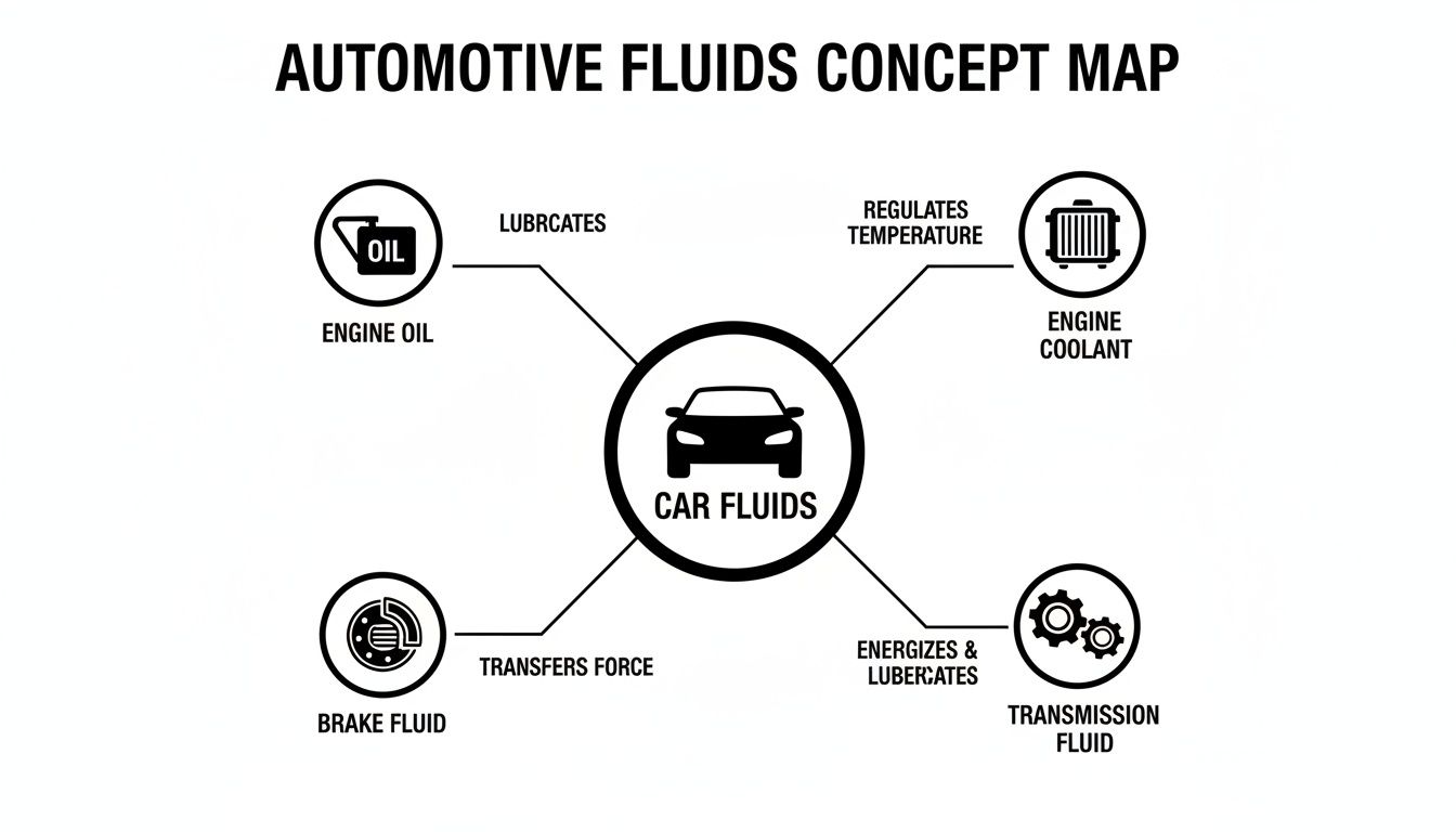 Concept map showing car fluids: engine oil, coolant, transmission fluid, and brake fluid with their functions.