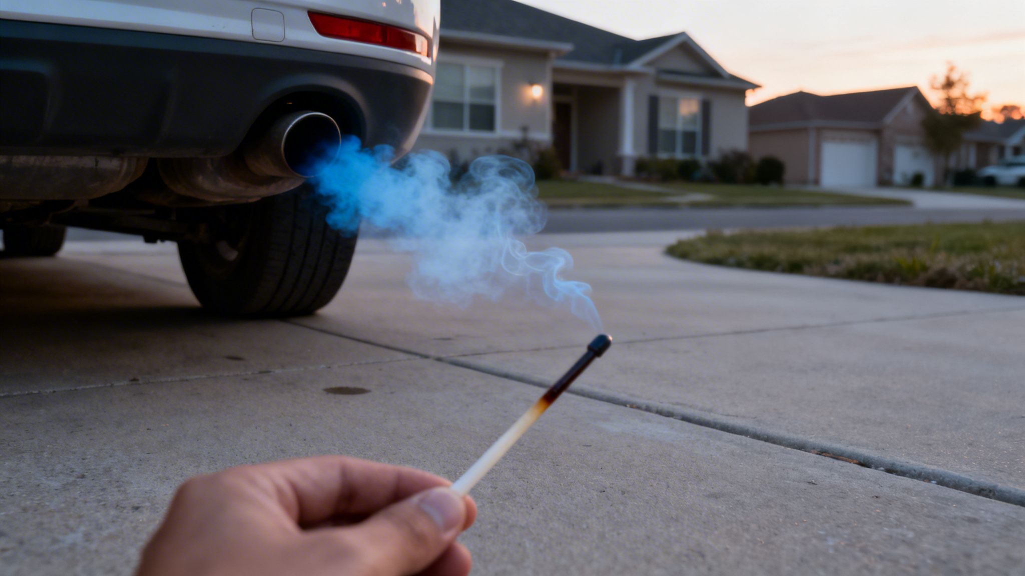 Blue smoke visibly billows from a car's exhaust pipe, while a matchstick also smokes nearby.