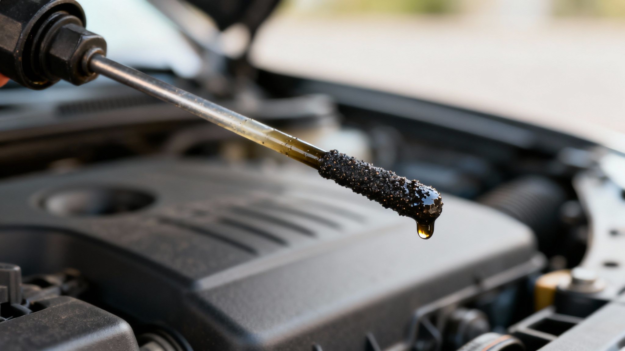 A close-up shot of a car's dipstick revealing dirty engine oil, indicating a need for maintenance.