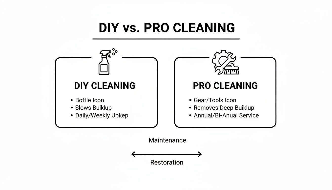 A diagram comparing DIY cleaning (maintenance, daily upkeep) versus professional cleaning (restoration, deep buildup removal).