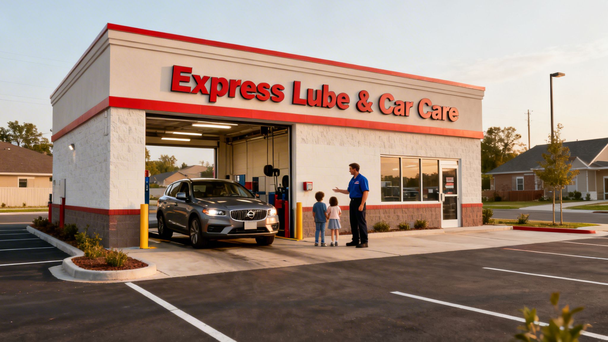 A car service employee talks to two children outside Express Lube & Car Care as a grey SUV enters.