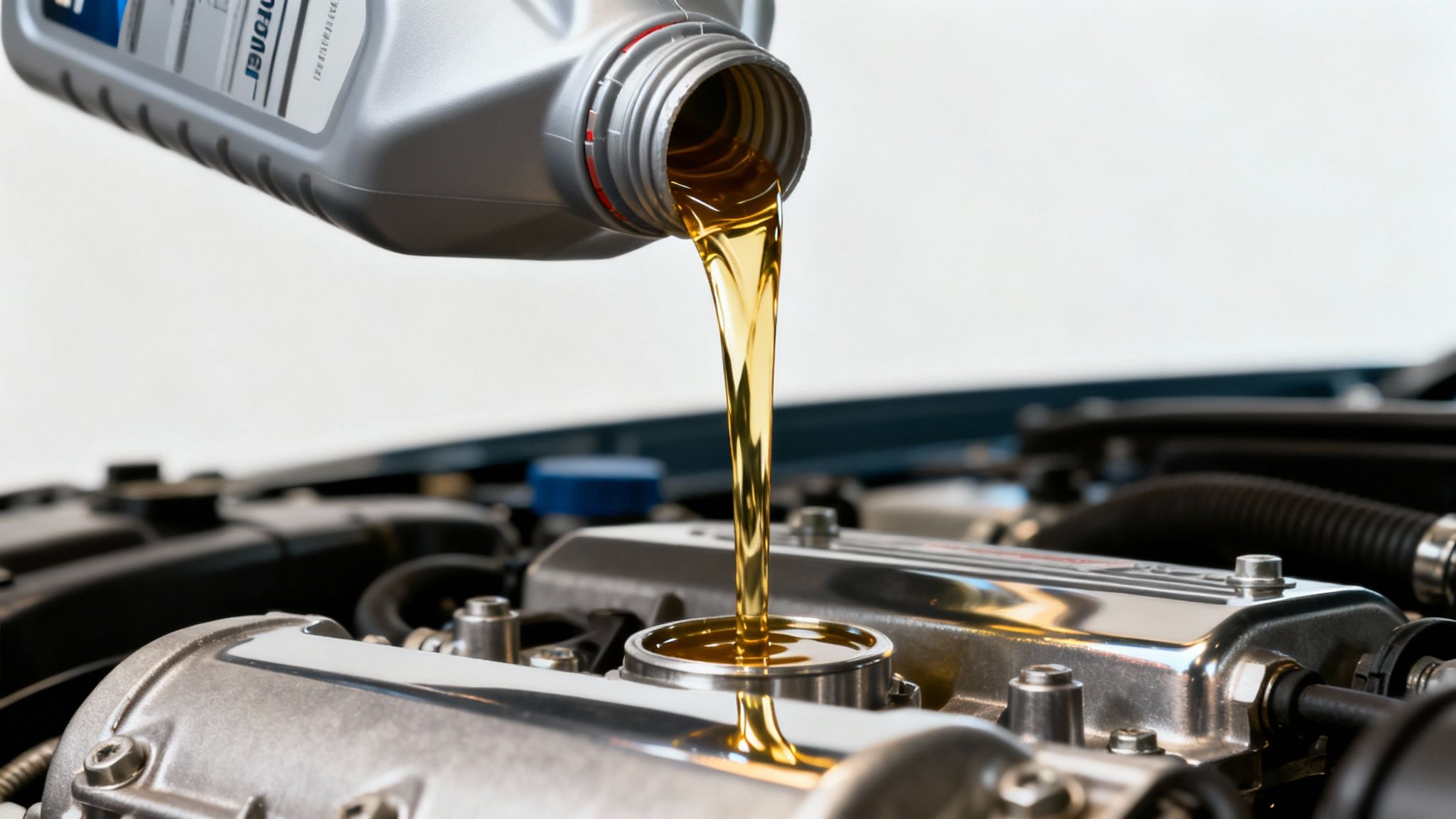 Fresh golden engine oil being poured from a gray bottle into a car engine.