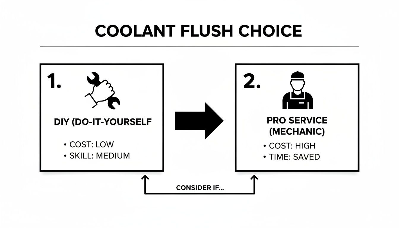 Diagram comparing DIY coolant flush with professional mechanic service, detailing cost, skill, and time.