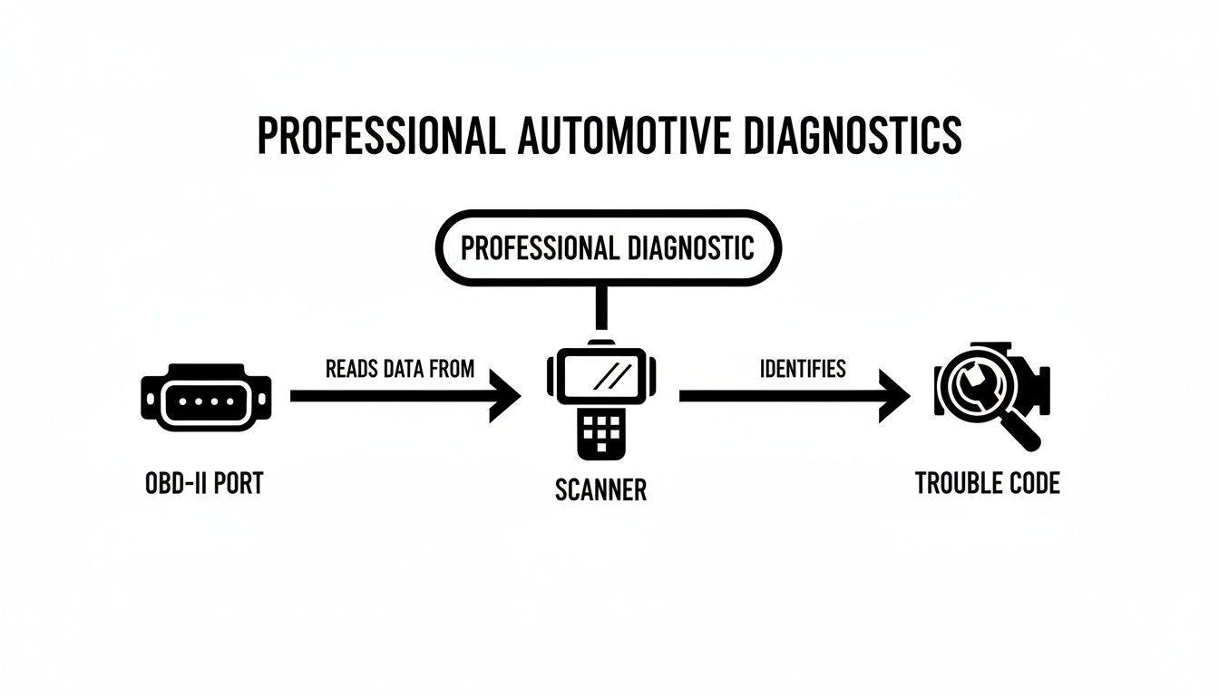A flowchart illustrating professional automotive diagnostics from an OBD-II port to a scanner identifying a trouble code.