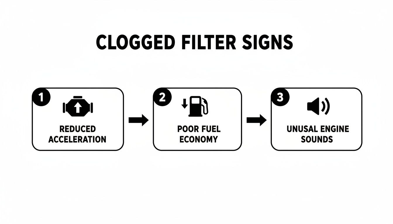 Infographic showing three signs of a clogged filter: reduced acceleration, poor fuel economy, and unusual engine sounds.