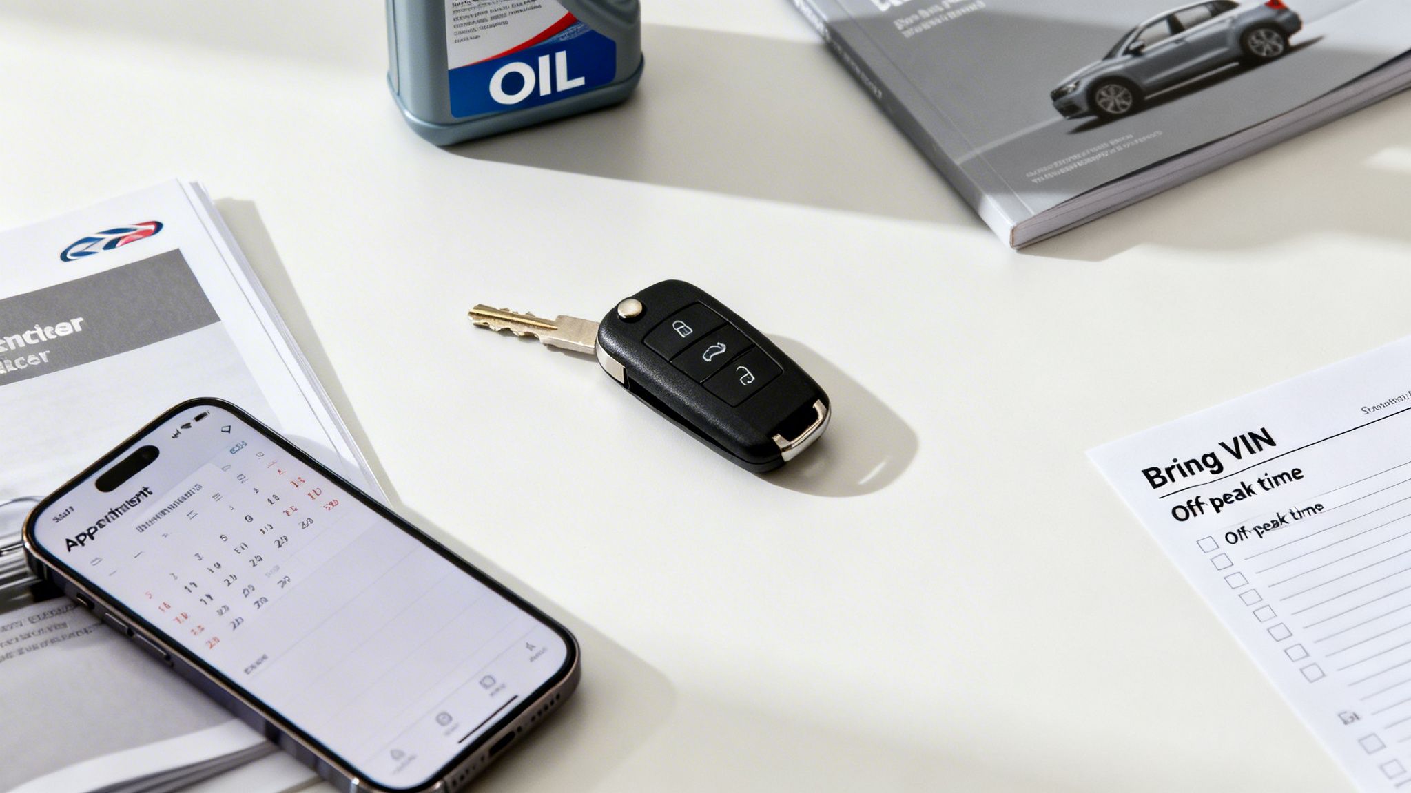 Flat lay of car maintenance essentials including an oil bottle, car key, smartphone with calendar, car manual, and checklist.