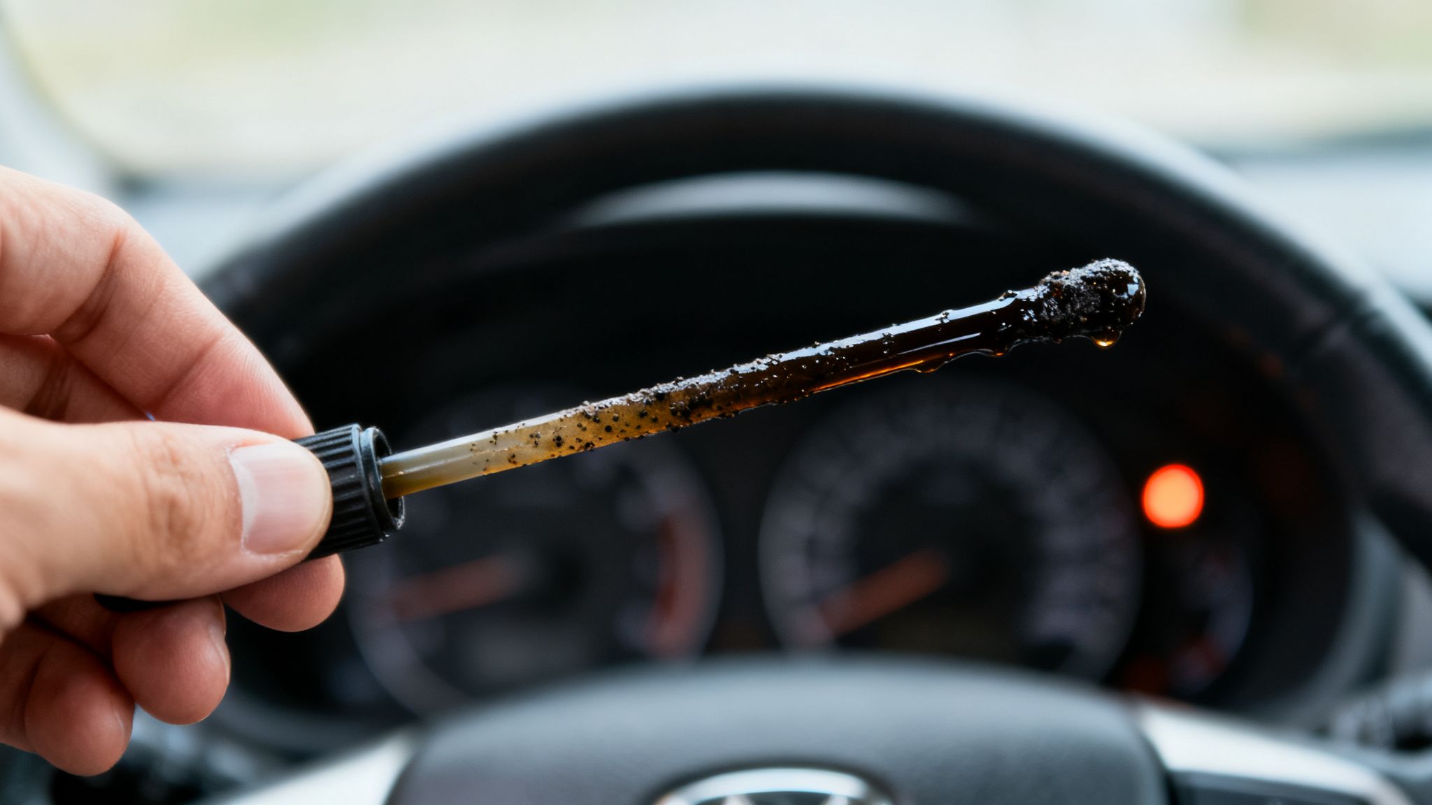 A person's hand holds a dipstick covered in dirty, black engine oil inside a car.