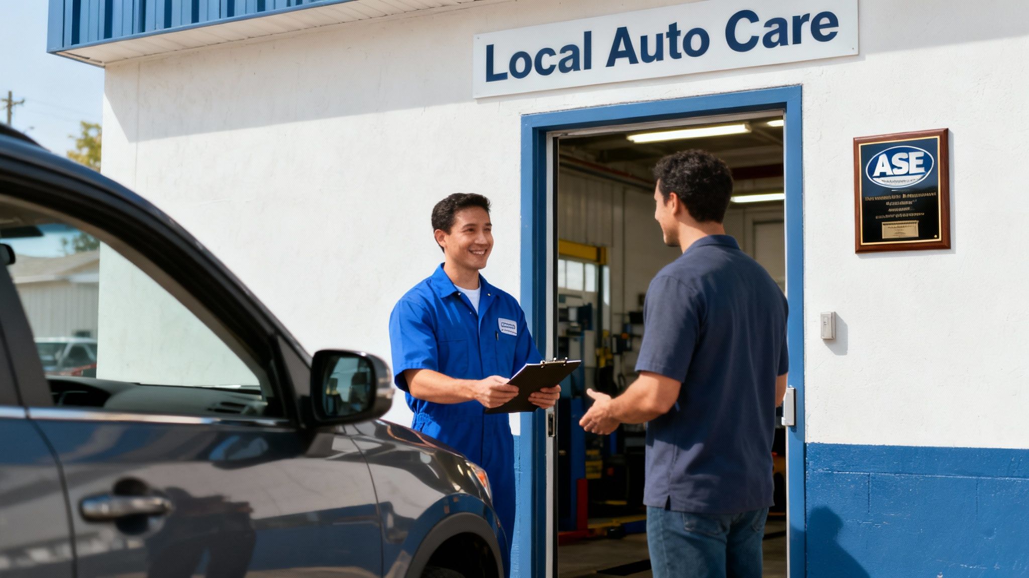 A smiling mechanic in a blue uniform talks to a customer at an auto care shop entrance.