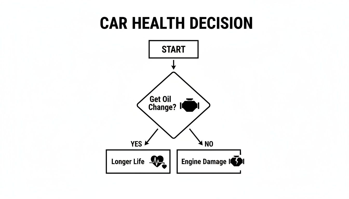 Flowchart illustrating the decision to get an oil change and its impact on car health: longer life versus engine damage.