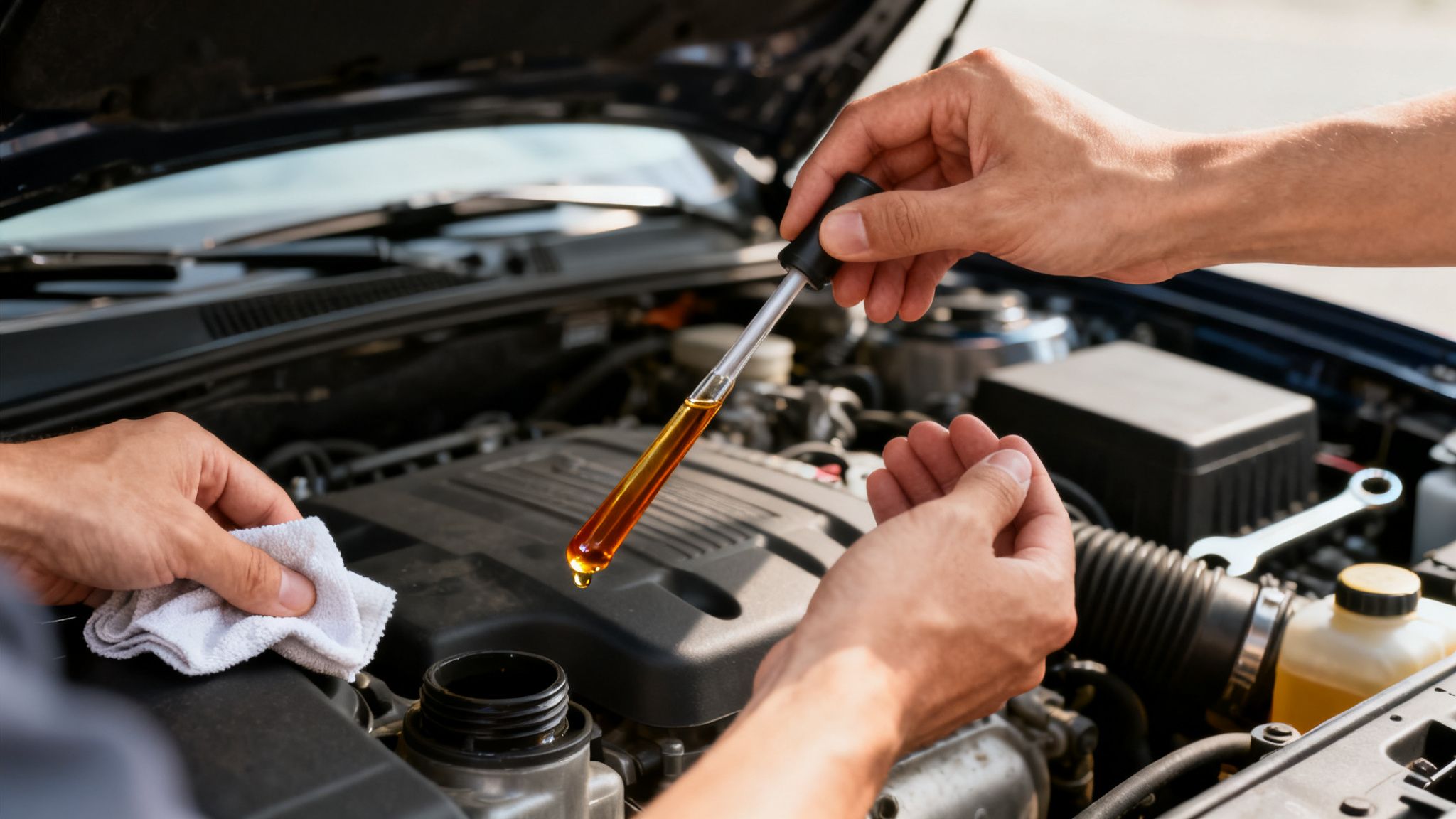 Hands checking car engine oil with a dropper and cloth, performing vehicle maintenance.