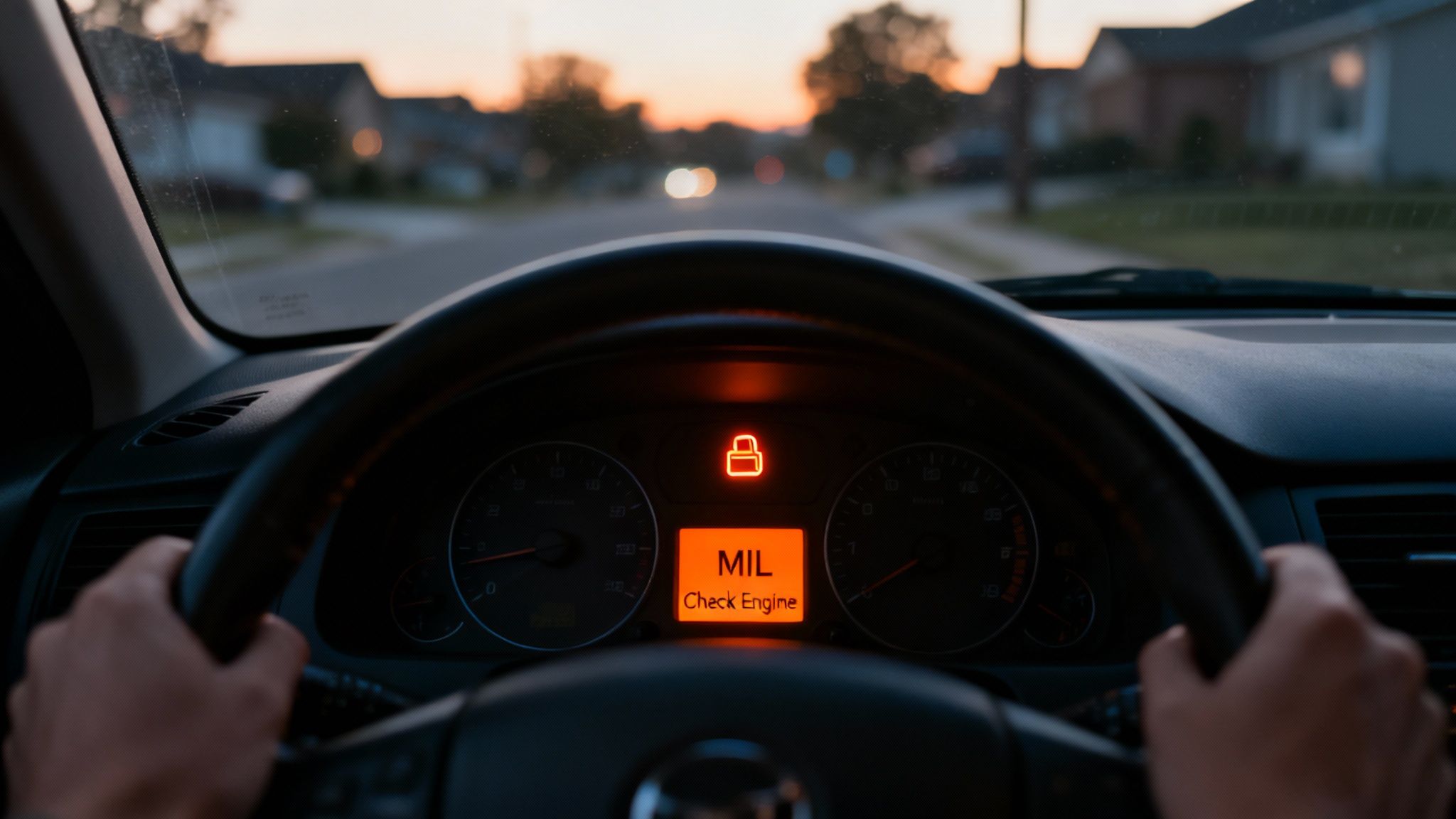 A driver's perspective inside a car, showing the dashboard with an illuminated 'Check Engine' light.