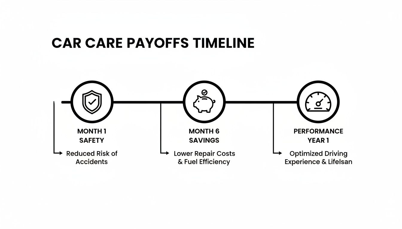 A car care payoffs timeline showing benefits over one year: safety, savings, and performance.