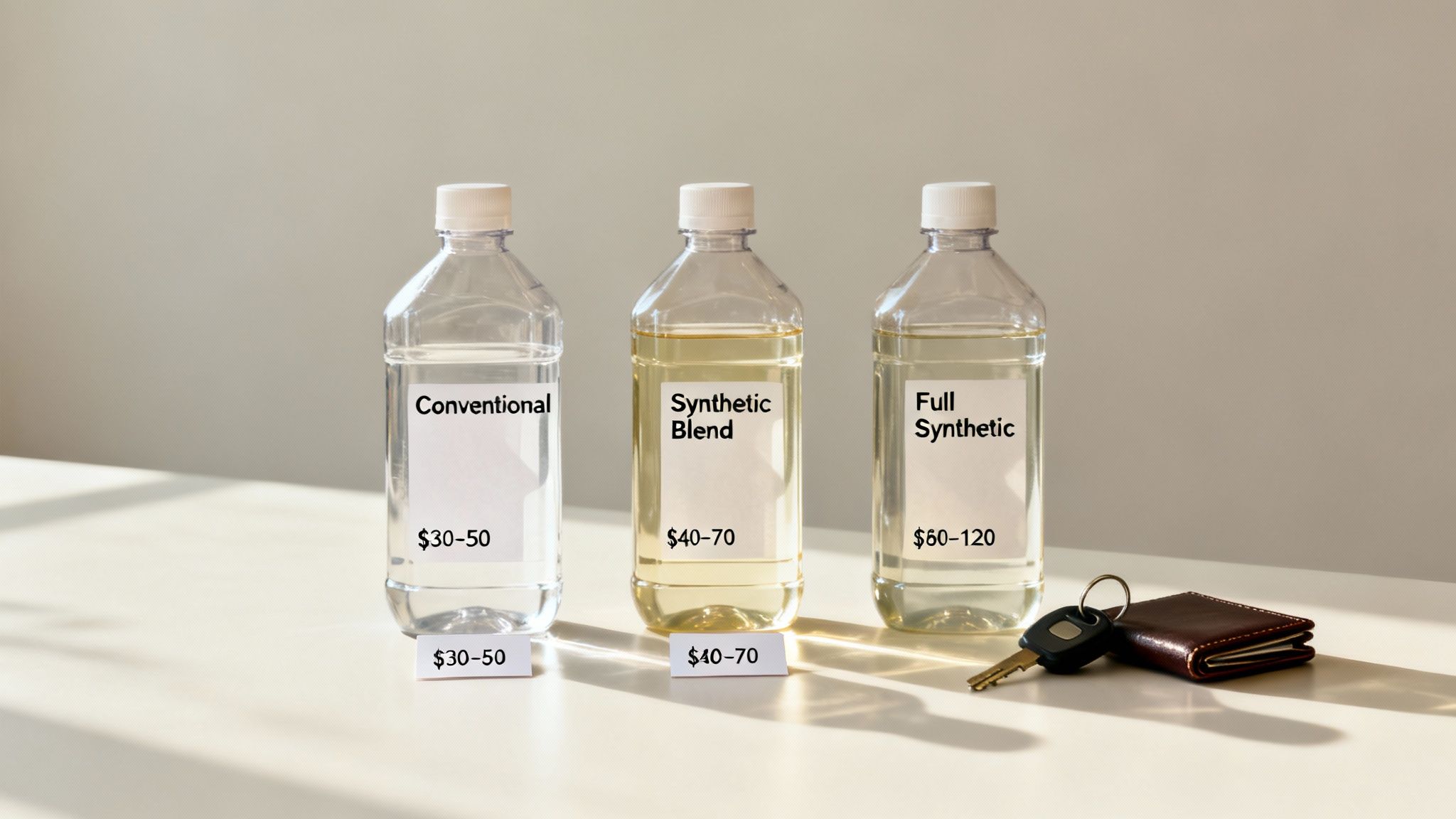 Three bottles of motor oil, Conventional, Synthetic Blend, and Full Synthetic, with price ranges, next to car key and wallet.