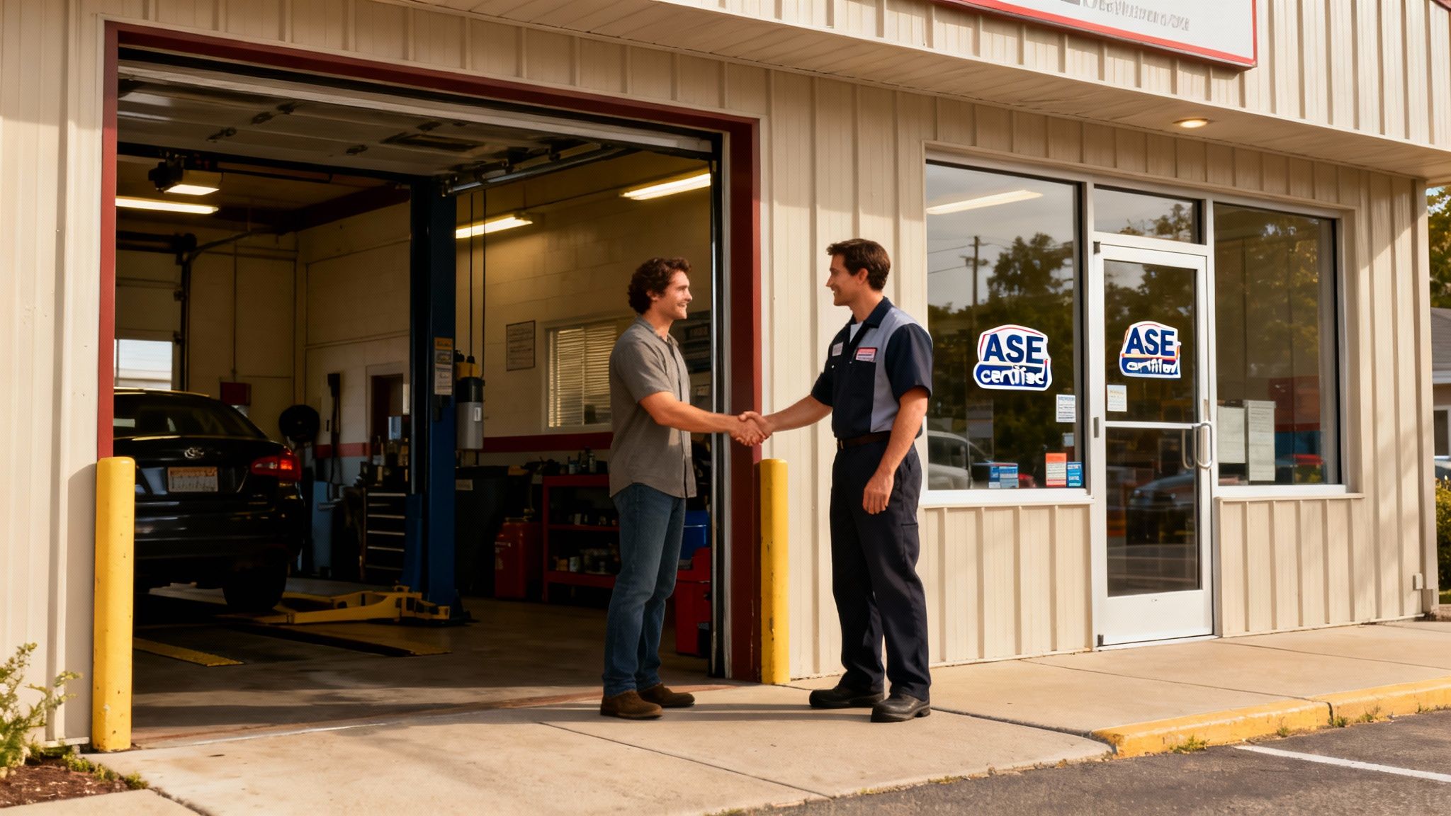 Two men, a customer and an ASE certified mechanic, shake hands outside a car repair garage.