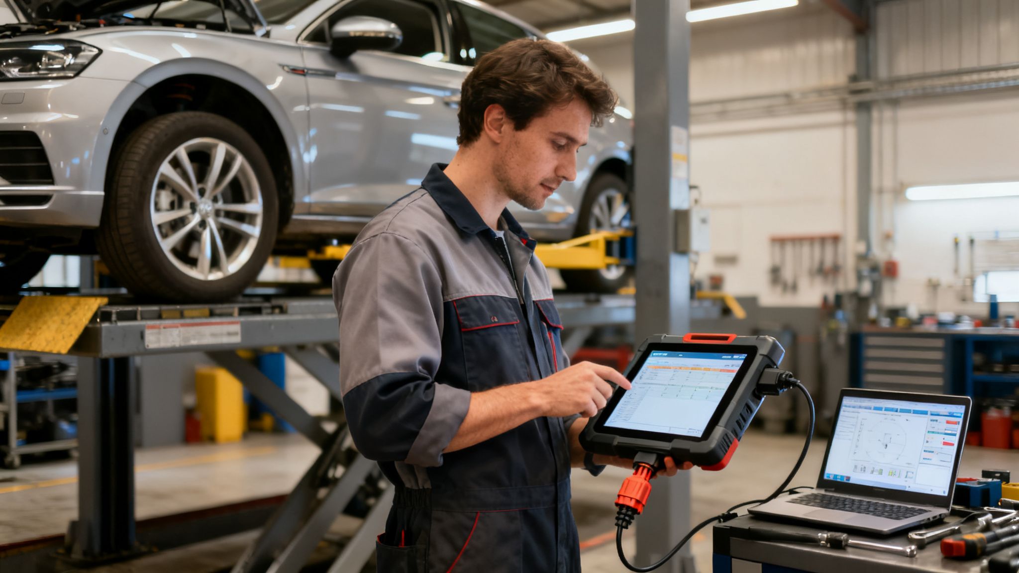 A male mechanic uses a diagnostic tablet and laptop to inspect a silver car on a lift in a garage.