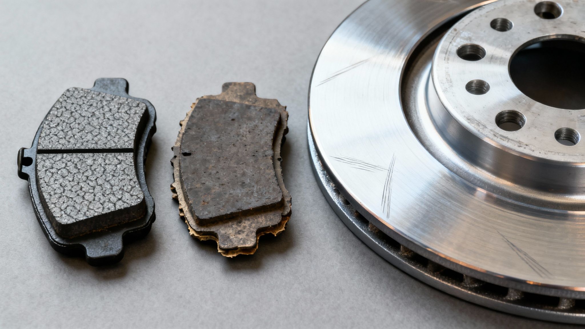 A new brake pad, a worn brake pad, and a new car brake rotor laid on a grey surface.