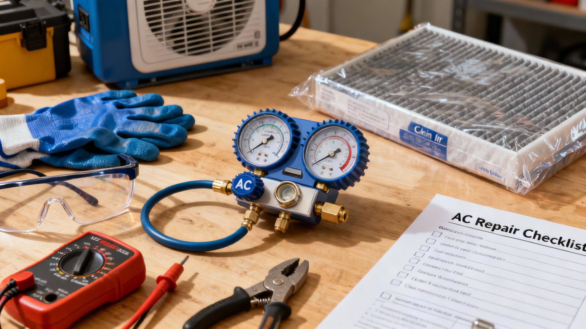 Various AC repair tools, including gauges, gloves, safety glasses, and a checklist, on a wooden table.