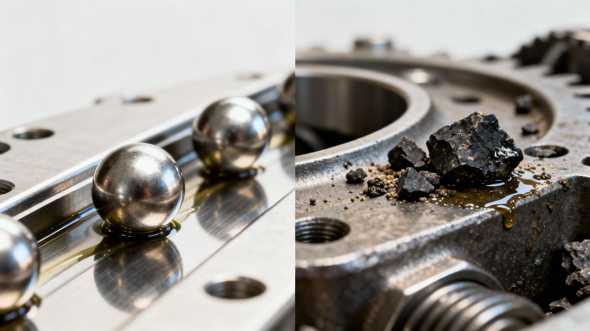 Close-up contrasting clean ball bearings in oil with dirty debris and contaminated lubricant.