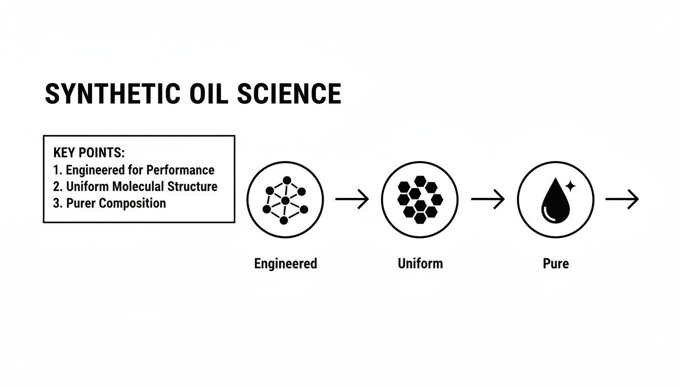 Diagram illustrating synthetic oil science, highlighting its engineered, uniform molecular structure, and purer composition.