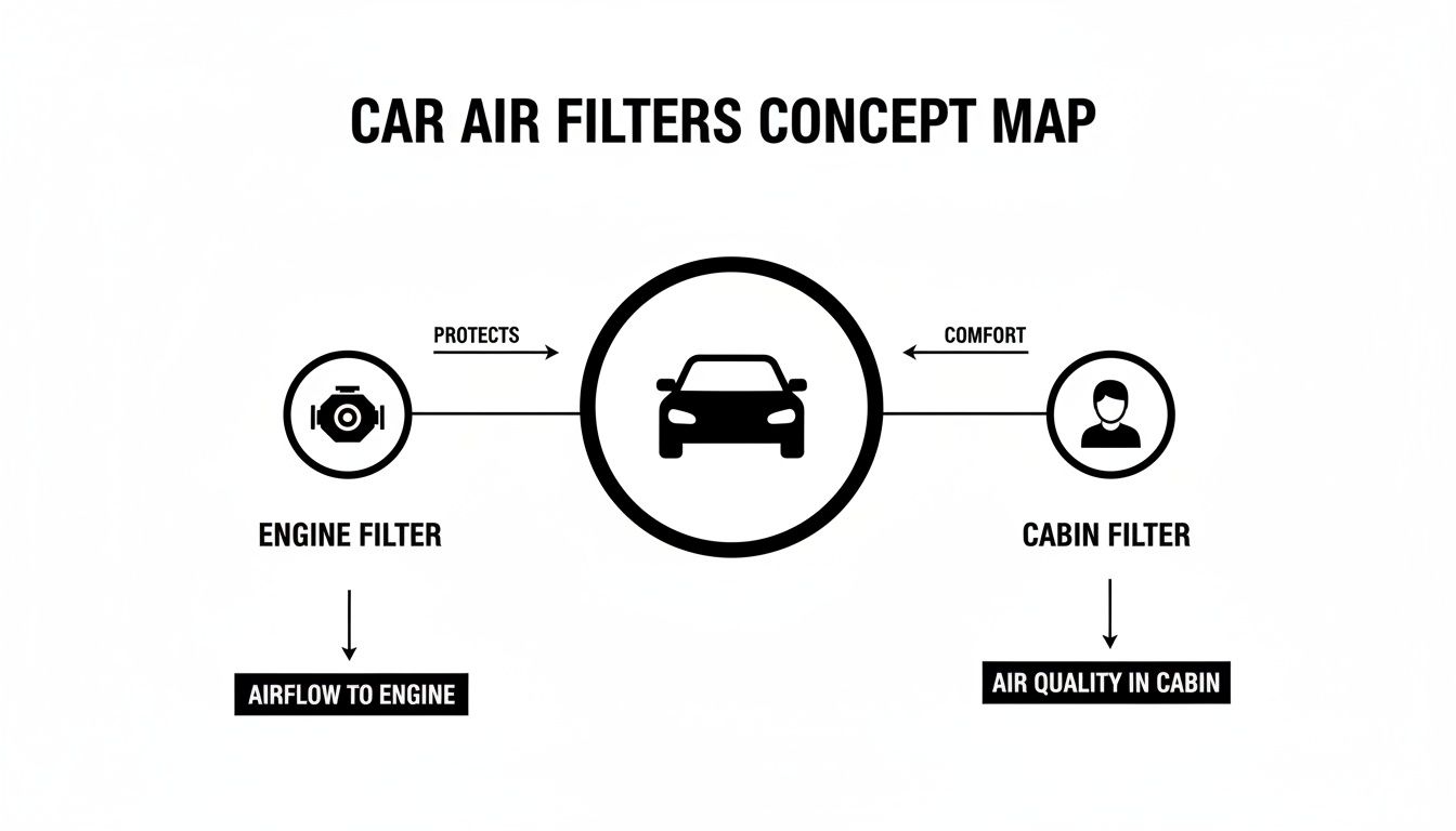 Concept map illustrating car air filters: engine filter protects engine, cabin filter ensures passenger comfort.