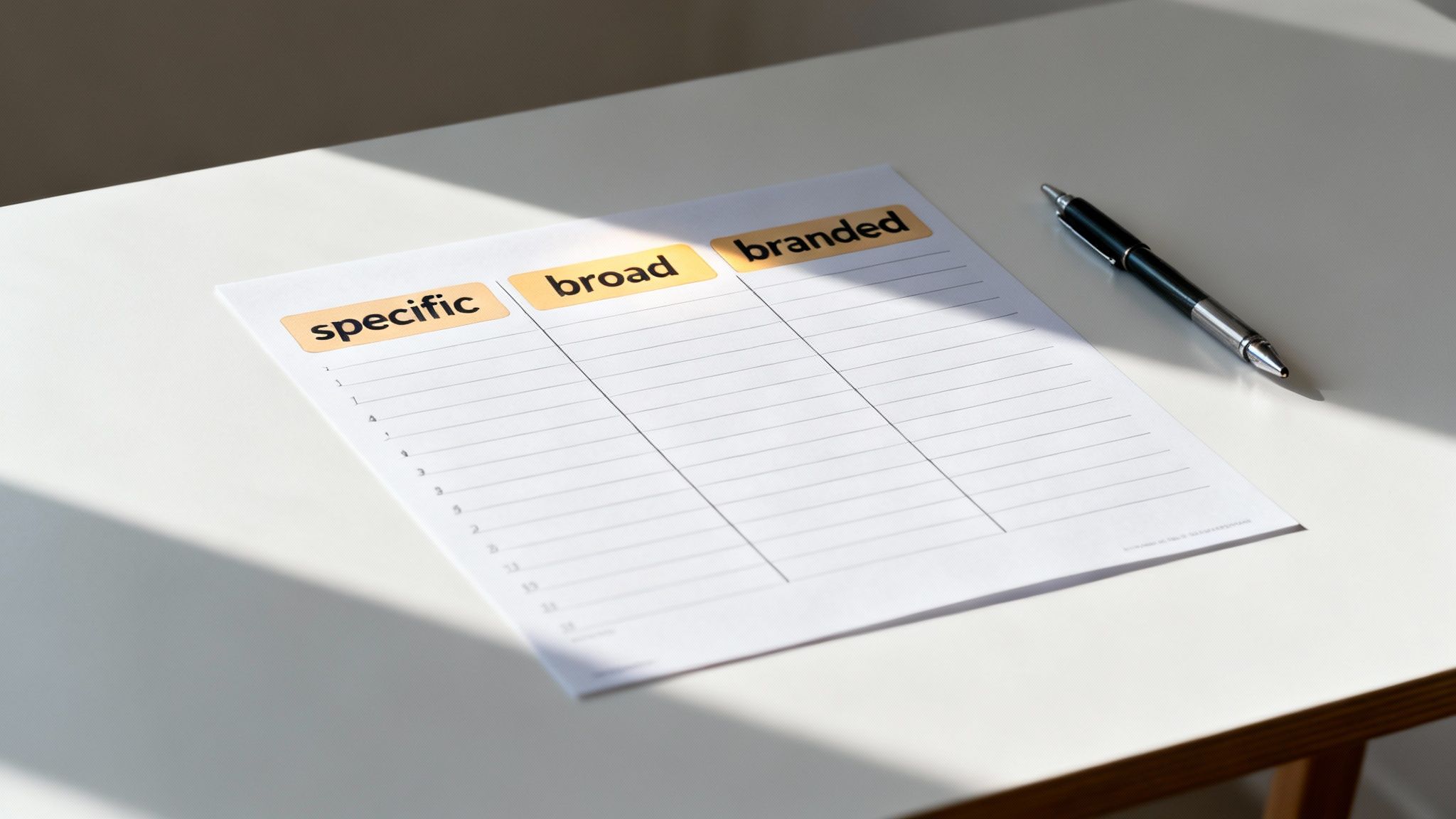 An SEO keyword planning worksheet titled "specific, broad, branded" with a pen on a sunlit white desk.