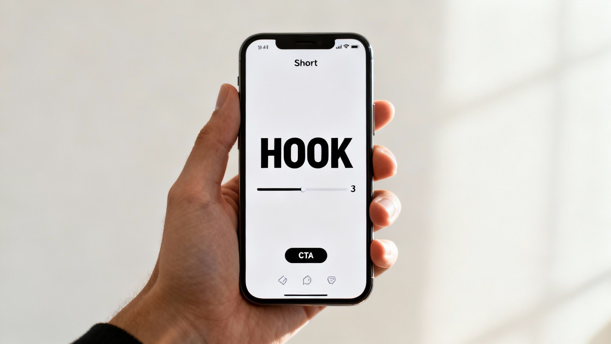 A hand holds a smartphone displaying a white app screen with the word 'HOOK', a slider, and a 'CTA' button, suggesting short video content creation.