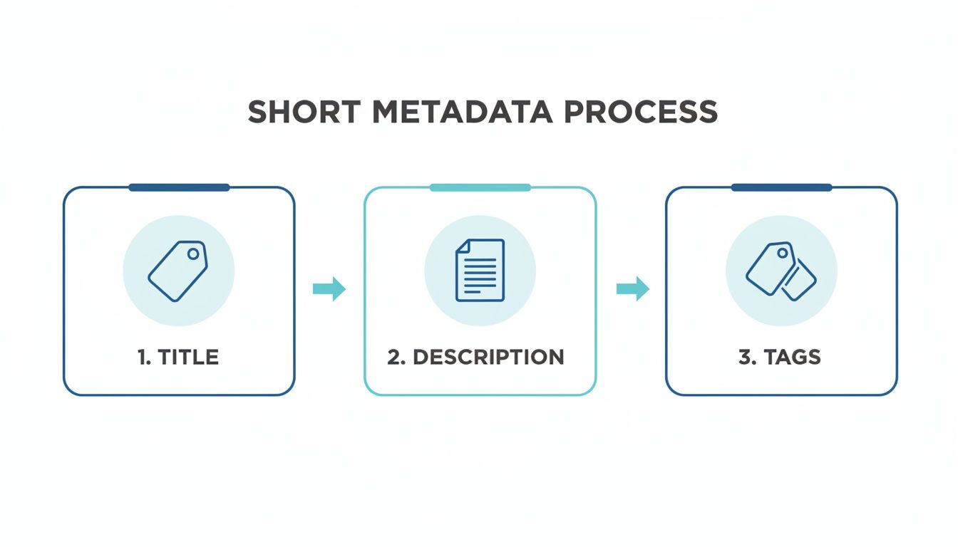 A flowchart illustrating the three-step short metadata process: title, description, and tags.