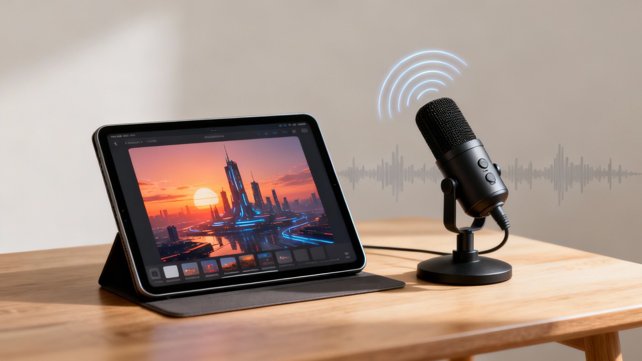 A black microphone next to an iPad displaying a futuristic city, with sound waves and a waveform graphic.